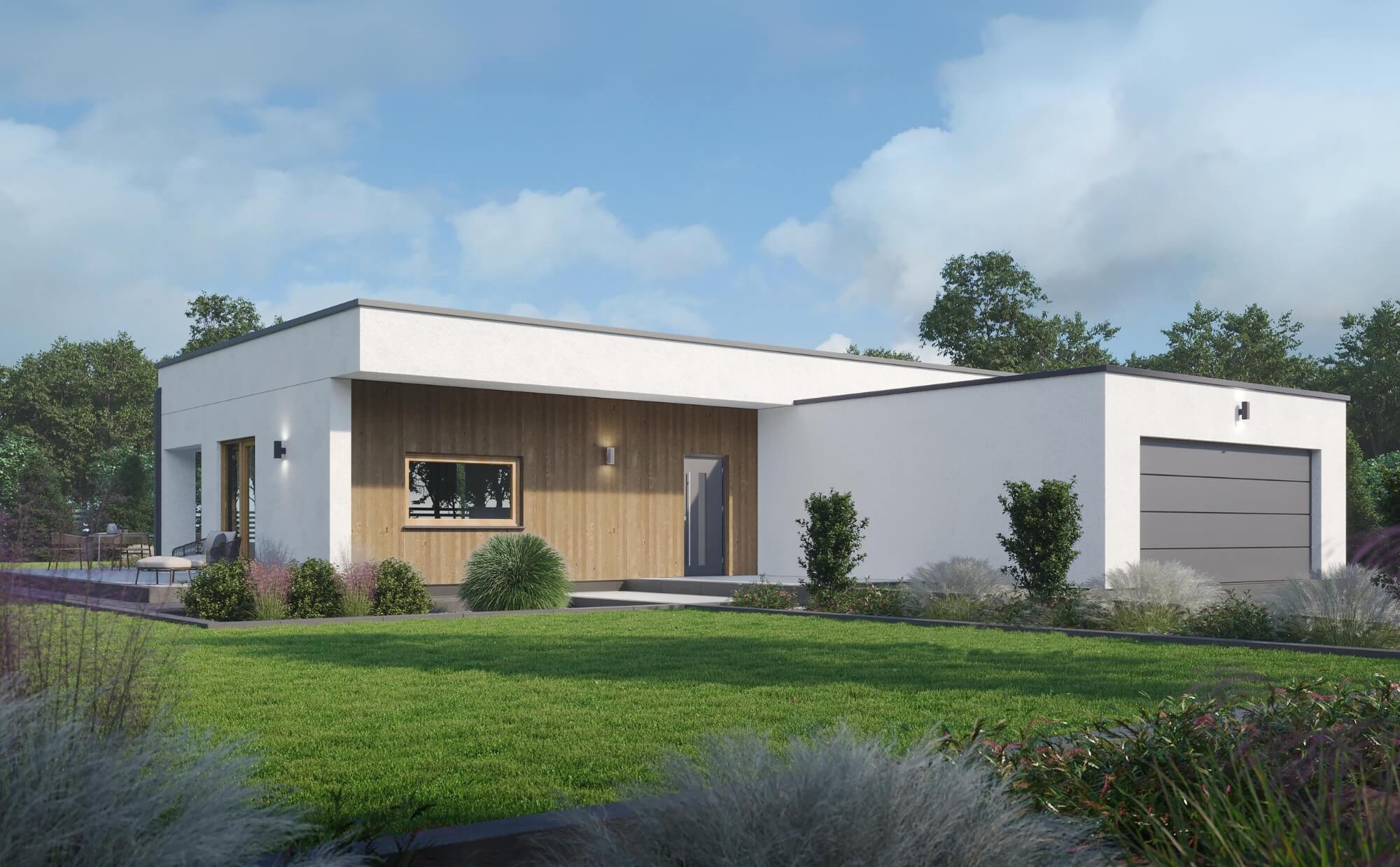 Dom prefabrykowany P.13 z dachem płaskim z garażem - HPK1023