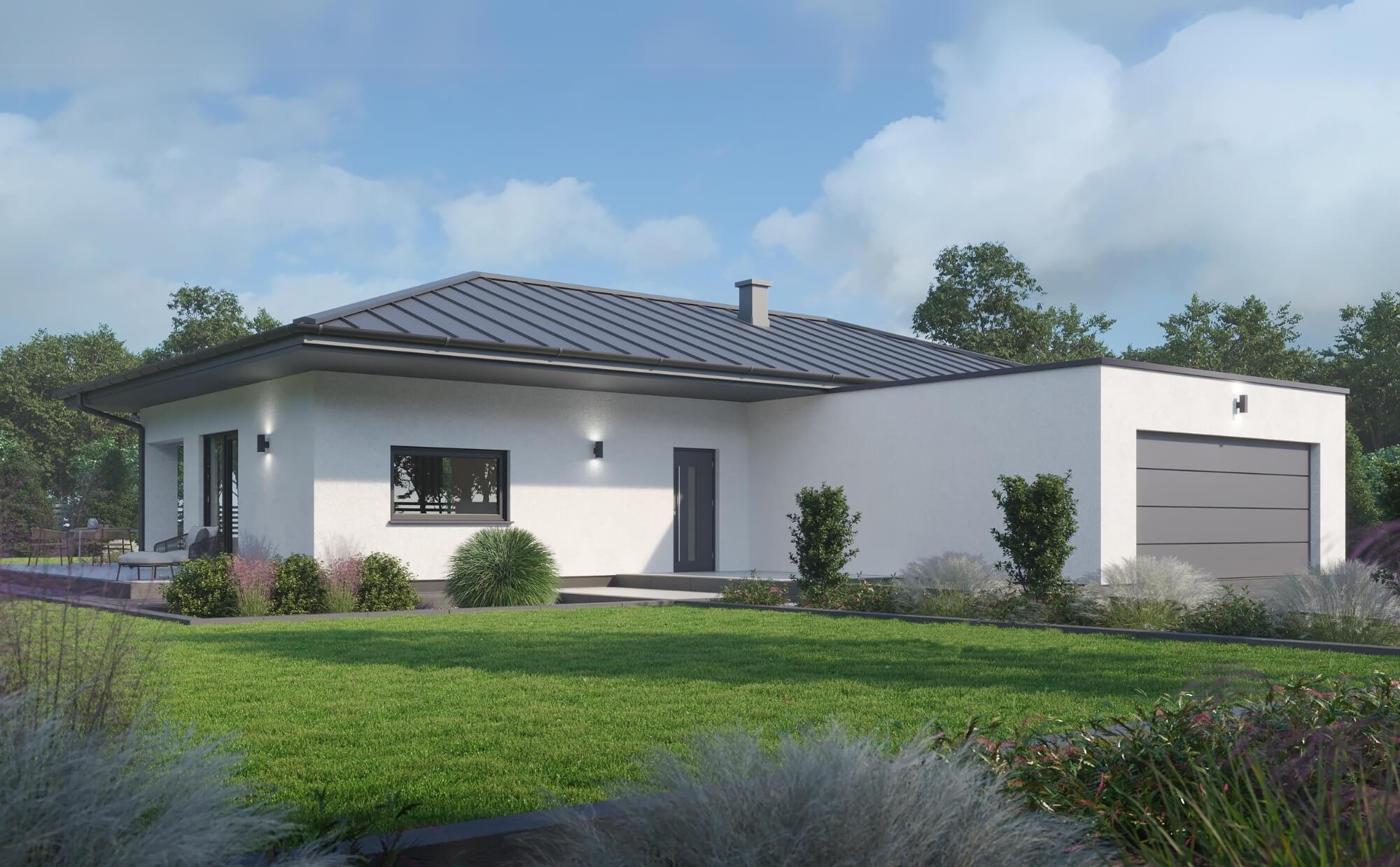 Dom prefabrykowany P.13 z dachem kopertowym z garażem - HPK1025